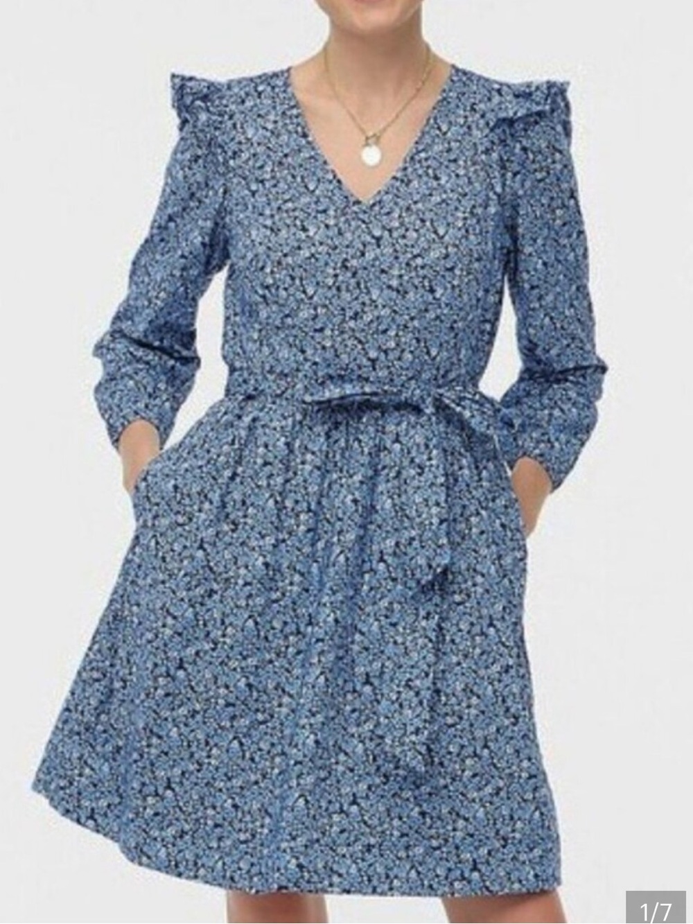 J. Crew Blue Floral Long Sleeve Mini Dress Ruffle Shoulder Size Large Classic